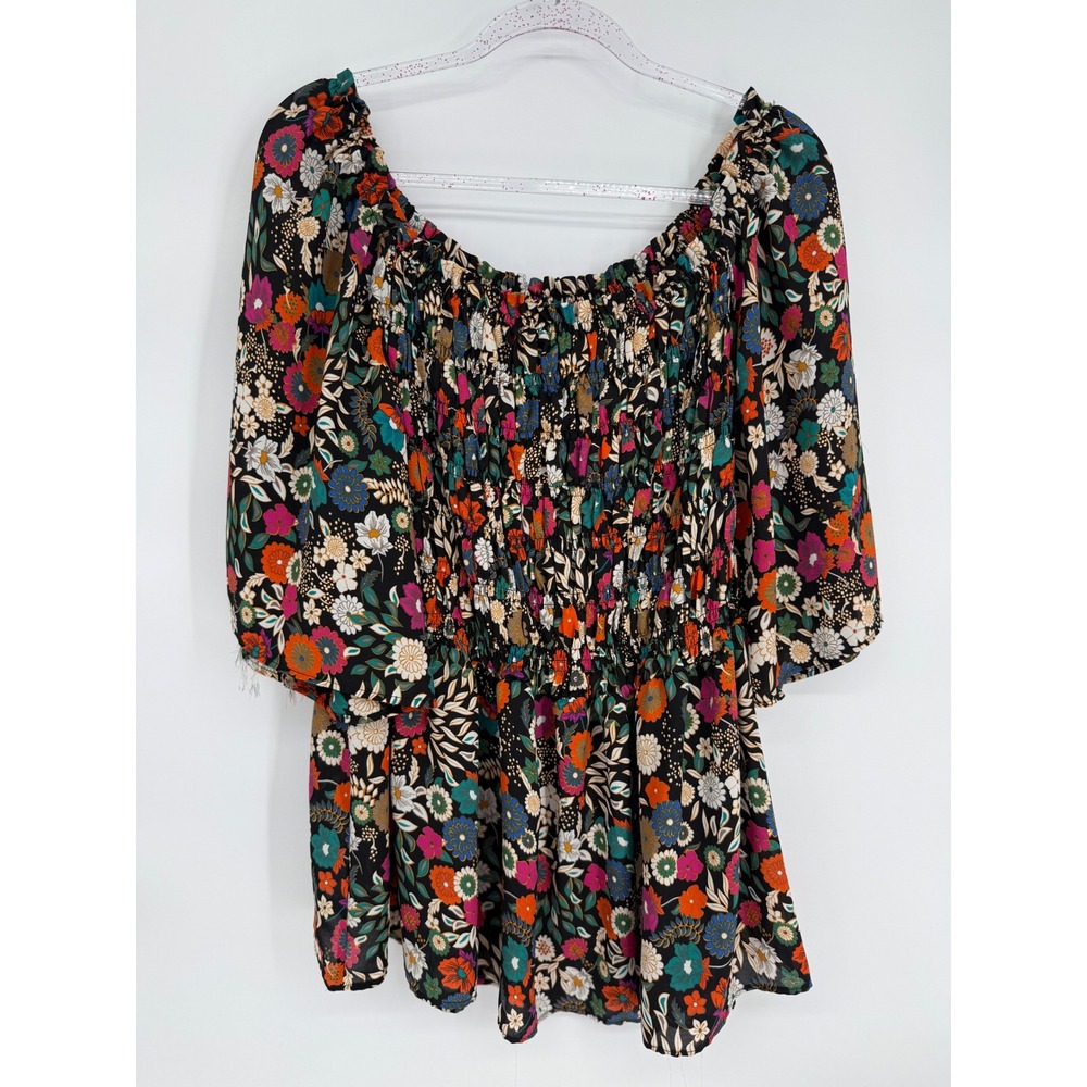 Chenault Womens Floral Smocked Off Shoulder Top 3/4 Bell Sleeve Sz 3X